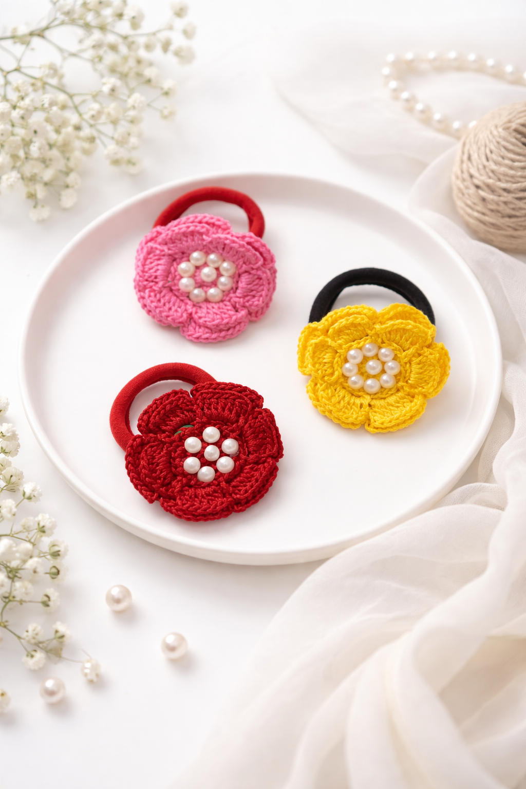Crochet Pearl Flower Hair Ties 🌸