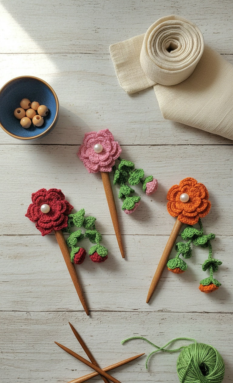 🌸 Crochet Flower Bun Stick – Graceful, Simple, and Unique
