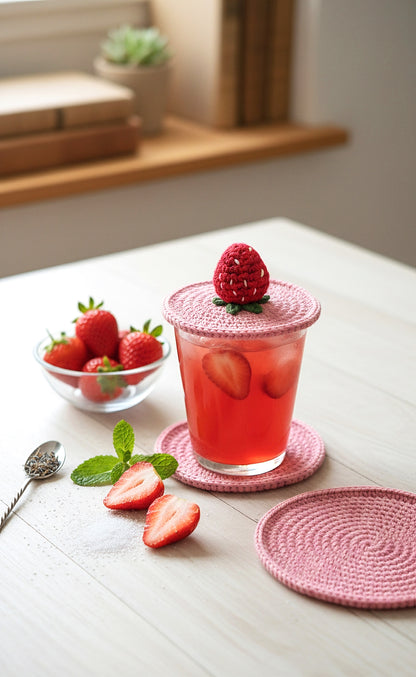 Crochet Strawberry Glass Lids – Fresh, Fun, and Handmade with Love 🍓