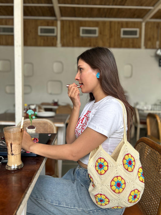 Handmade Off White Crochet Tote Bag with Sunflower Design