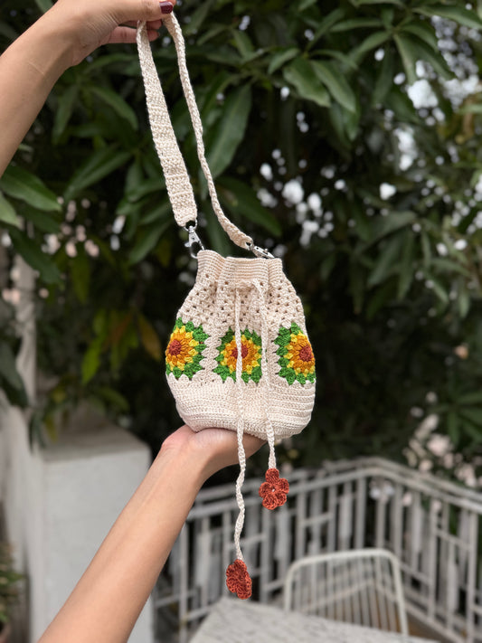 Potli – Off White Crochet Bag with Sunflower Design
