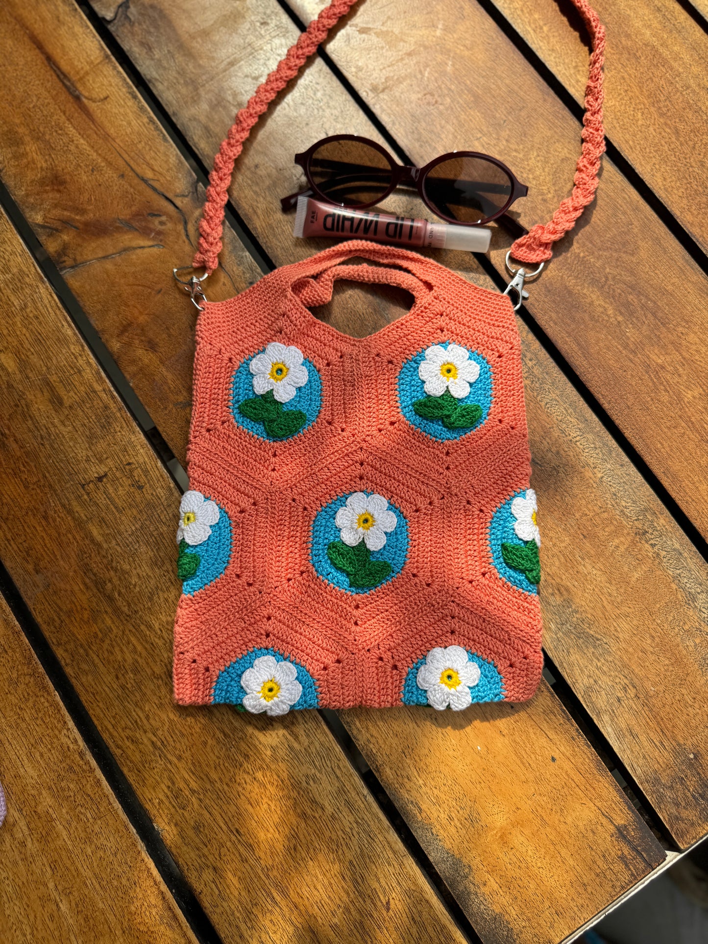 Handmade Crochet Sling Bag with Floral Pattern