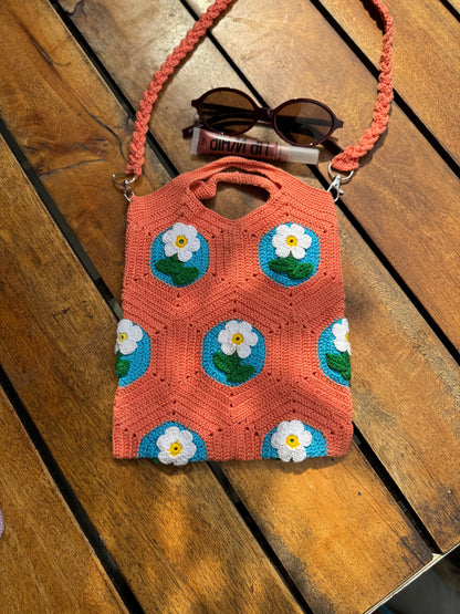 Handmade Crochet Sling Bag with Floral Pattern