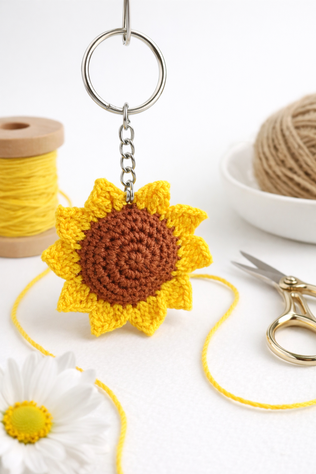 Crochet Sunflower Keychain – Handmade Aesthetic Keyring Charm 🌻
