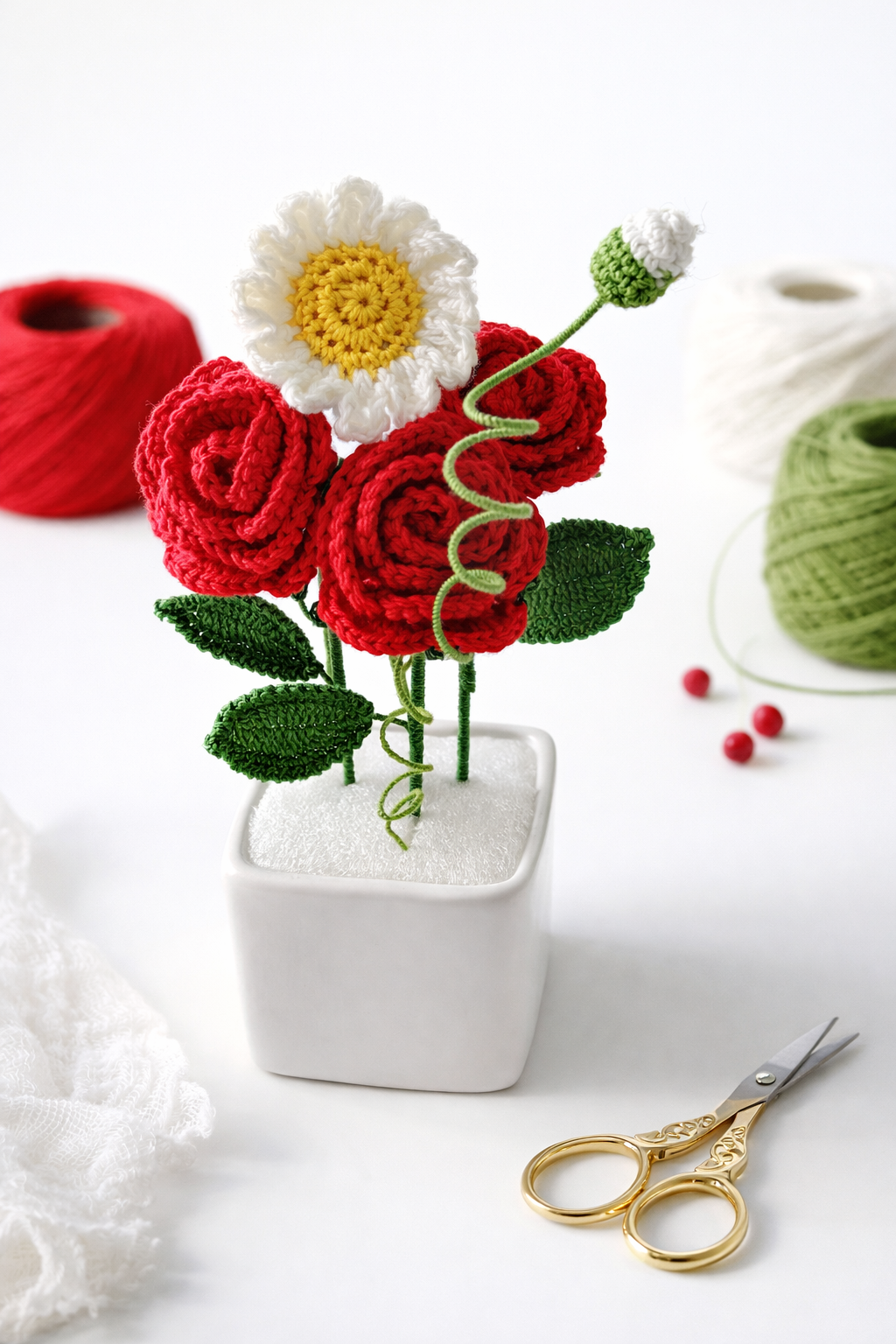 Mini Crochet Rose & Daisy Flower Pot 🌹🌼