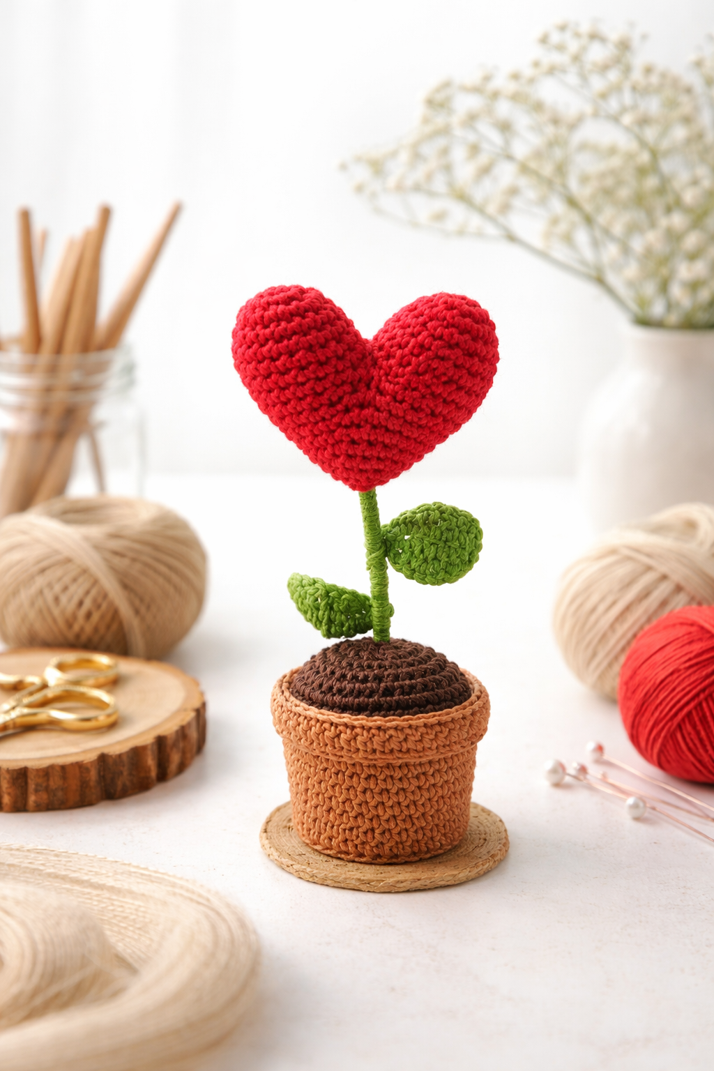 Crochet Heart Flower Pot 🌿